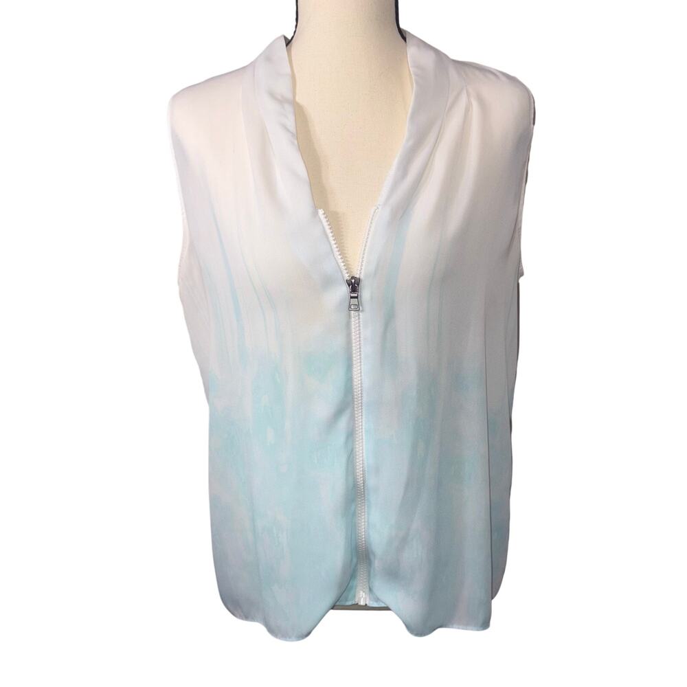 T Tahari Carley Sleeveless Zip-Front Ombre Dip Dye Blouse Blue White Medium